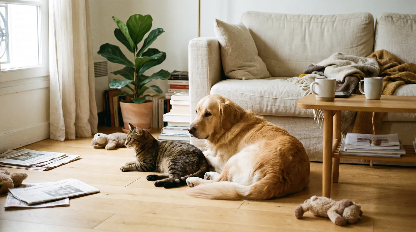 Un chien et un chat allongés côte à côte dans un salon