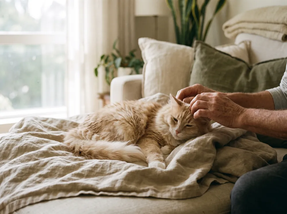 Un chat à poil long brossé sur un plaid